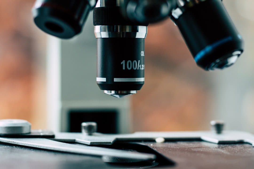 Microscope objective lens in a laboratory